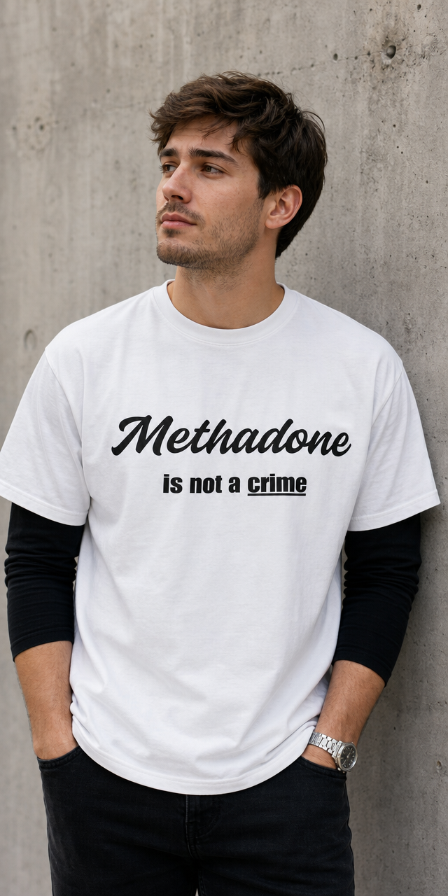 Model wearing the Methadone is not a crime tee